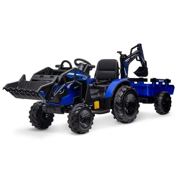 3-in-1-Fahrschlepper, 24 V elektrisch, mit Bagger- und Bulldozerfunktion, Fernbedienung, LED-Beleuchtung, Musik, USB-/Bluetooth-Anschluss – max. 30 kg – Hellblau