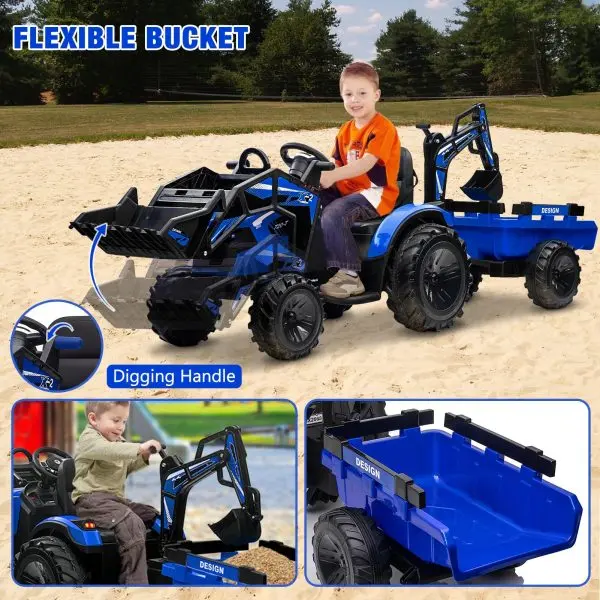 3-in-1-Fahrschlepper, 24 V elektrisch, mit Bagger- und Bulldozerfunktion, Fernbedienung, LED-Beleuchtung, Musik, USB-/Bluetooth-Anschluss – max. 30 kg – Hellblau