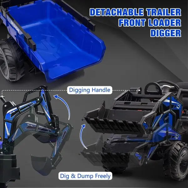 3-in-1-Fahrschlepper, 24 V elektrisch, mit Bagger- und Bulldozerfunktion, Fernbedienung, LED-Beleuchtung, Musik, USB-/Bluetooth-Anschluss – max. 30 kg – Hellblau