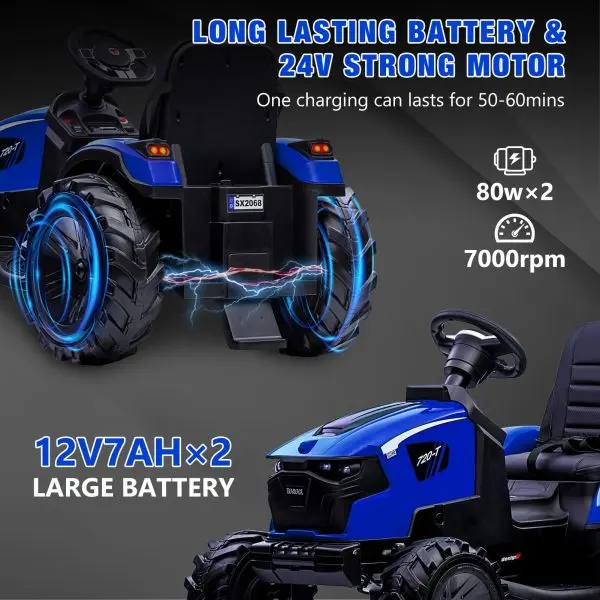 3-in-1-Fahrschlepper, 24 V elektrisch, mit Bagger- und Bulldozerfunktion, Fernbedienung, LED-Beleuchtung, Musik, USB-/Bluetooth-Anschluss – max. 30 kg – Hellblau
