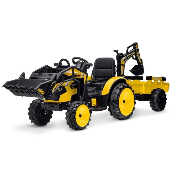 3-in-1-Fahrschlepper, 24 V elektrisch, mit Bagger- und Bulldozerfunktion, Fernbedienung, LED-Beleuchtung, Musikfunktion, USB-/Bluetooth-Anschluss – max. 30 kg – leuchtendes Gelb