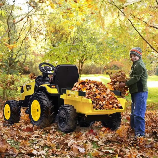 3-in-1-Fahrschlepper, 24 V elektrisch, mit Bagger- und Bulldozerfunktion, Fernbedienung, LED-Beleuchtung, Musikfunktion, USB-/Bluetooth-Anschluss – max. 30 kg – leuchtendes Gelb 2