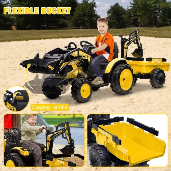 3-in-1-Fahrschlepper, 24 V elektrisch, mit Bagger- und Bulldozerfunktion, Fernbedienung, LED-Beleuchtung, Musikfunktion, USB-/Bluetooth-Anschluss – max. 30 kg – leuchtendes Gelb