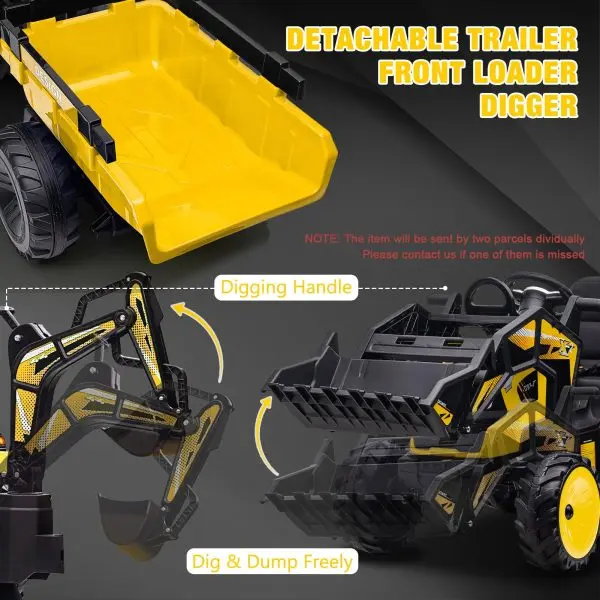 3-in-1-Fahrschlepper, 24 V elektrisch, mit Bagger- und Bulldozerfunktion, Fernbedienung, LED-Beleuchtung, Musikfunktion, USB-/Bluetooth-Anschluss – max. 30 kg – leuchtendes Gelb