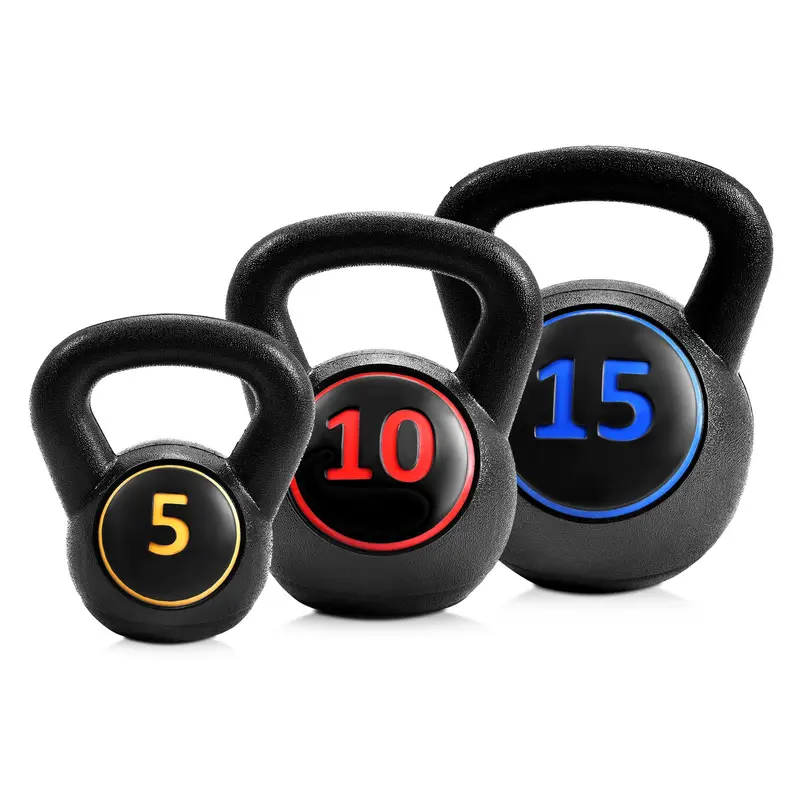 3-teiliges Kettlebell-Set (5, 10 und 15 lbs), HDPE-beschichtete Beton-Kettlebells für Fitness