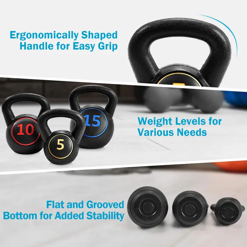 3-teiliges Kettlebell-Set (5, 10 und 15 lbs), HDPE-beschichtete Beton-Kettlebells für Fitness