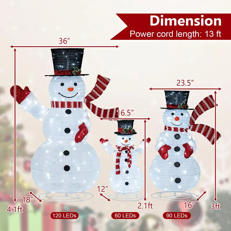 3-teiliges, vorgeleuchtetes 3D-Schneemann-Set mit 270 LED-Leuchten