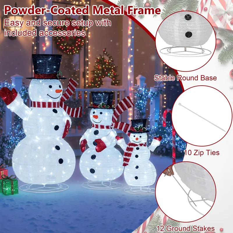 3-teiliges, vorgeleuchtetes 3D-Schneemann-Set mit 270 LED-Leuchten