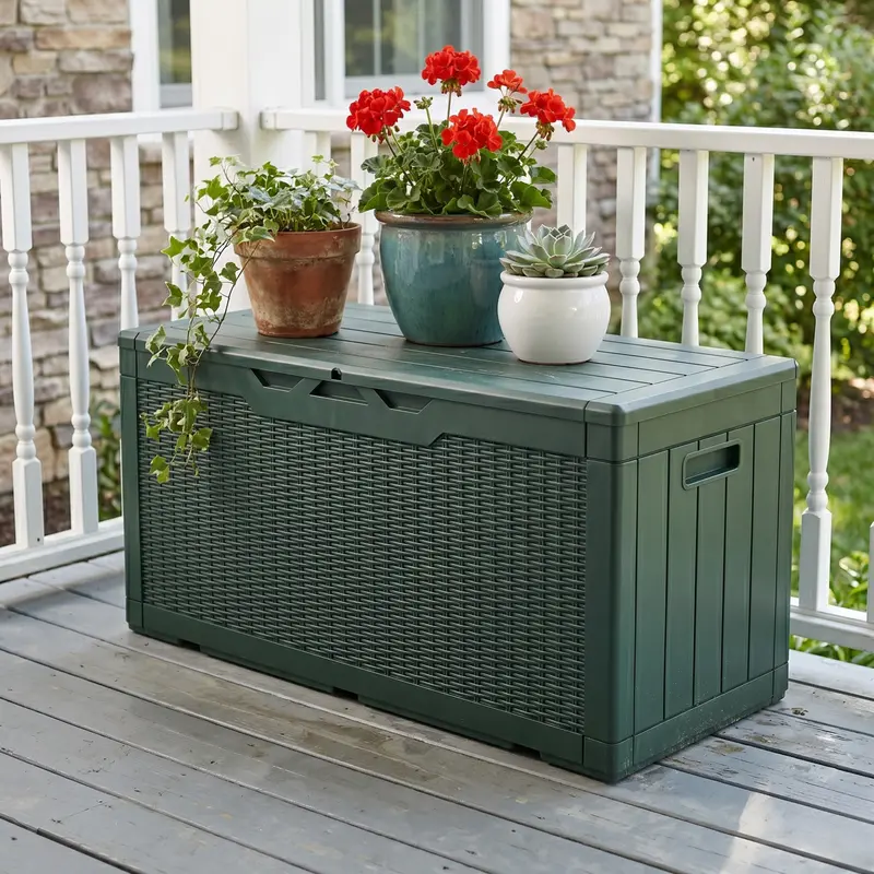 378,5-L-Aufbewahrungsbox für die Terrasse mit hydraulischem Deckel und seitlichen Griffen