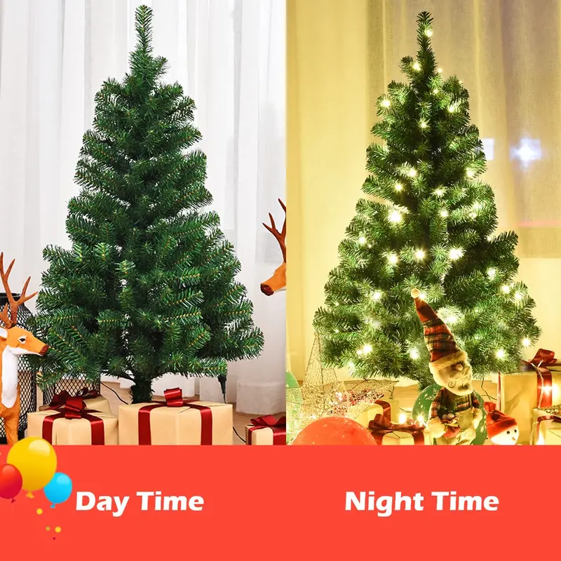 4-Fuß-vorgelichteter Weihnachtsbaum, künstlicher PVC-Weihnachtsbaum mit 100 warmweißen LED-Leuchten und stabilem dreieckigem Standfuß 2