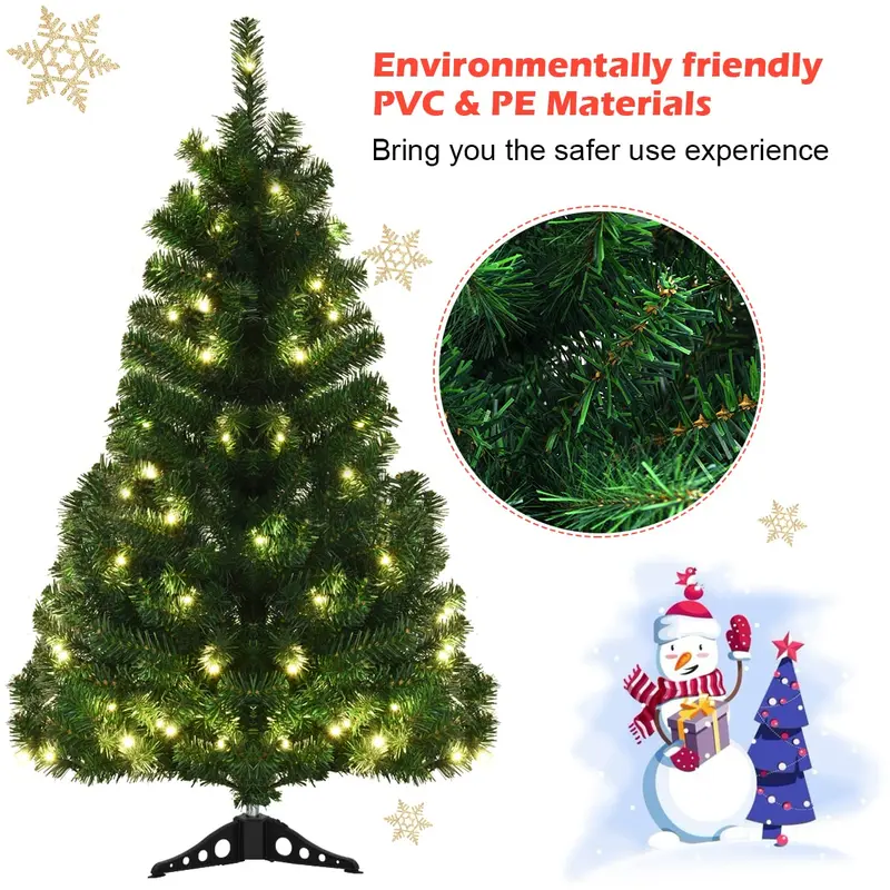 4-Fuß-vorgelichteter Weihnachtsbaum, künstlicher PVC-Weihnachtsbaum mit 100 warmweißen LED-Leuchten und stabilem dreieckigem Standfuß