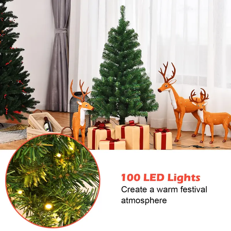 4-Fuß-vorgelichteter Weihnachtsbaum, künstlicher PVC-Weihnachtsbaum mit 100 warmweißen LED-Leuchten und stabilem dreieckigem Standfuß