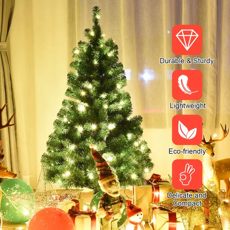 4-Fuß-vorgelichteter Weihnachtsbaum, künstlicher PVC-Weihnachtsbaum mit 100 warmweißen LED-Leuchten und stabilem dreieckigem Standfuß