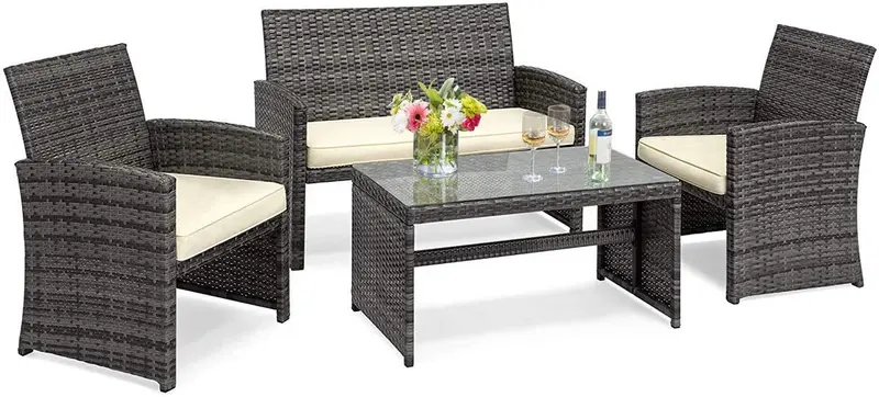 4-teiliges Gartenmöbel-Set aus Weidenkorb-Material für Außenbereiche wie Garten, Rasen, Pool oder Hinterhof (gemischtes Grau)