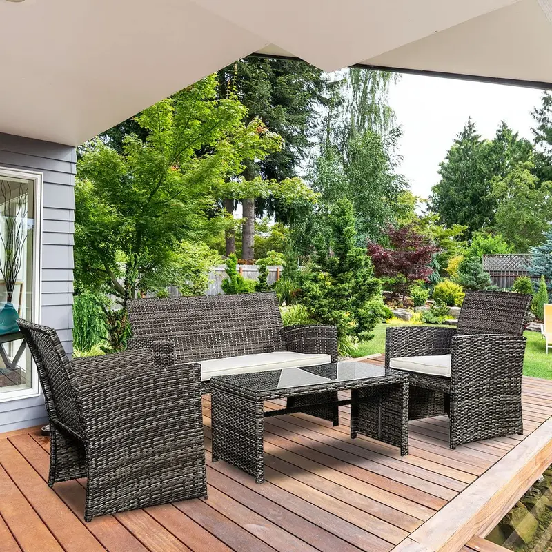 4-teiliges Gartenmöbel-Set aus Weidenkorb-Material für Außenbereiche wie Garten, Rasen, Pool oder Hinterhof (gemischtes Grau) 2
