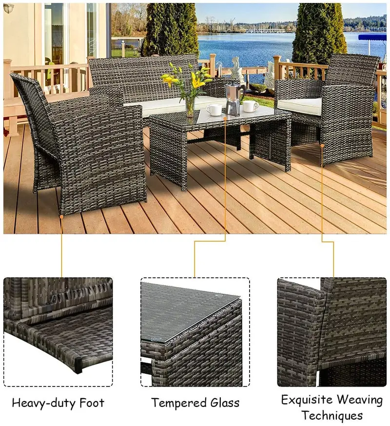 4-teiliges Gartenmöbel-Set aus Weidenkorb-Material für Außenbereiche wie Garten, Rasen, Pool oder Hinterhof (gemischtes Grau)