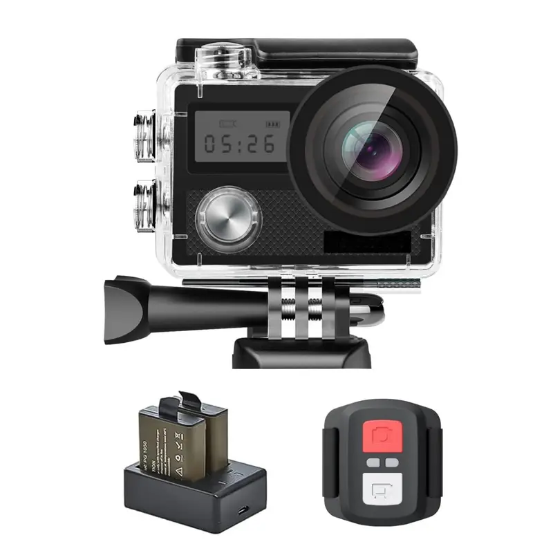 4K-Aktionskamera mit Dual-Displays, wasserdichtem Gehäuse, WLAN und Montageset