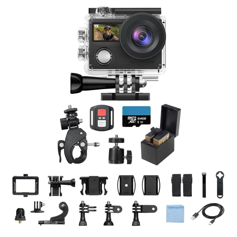 4K-Aktionskamera mit Dual-Displays, wasserdichtem Gehäuse, WLAN und Montageset
