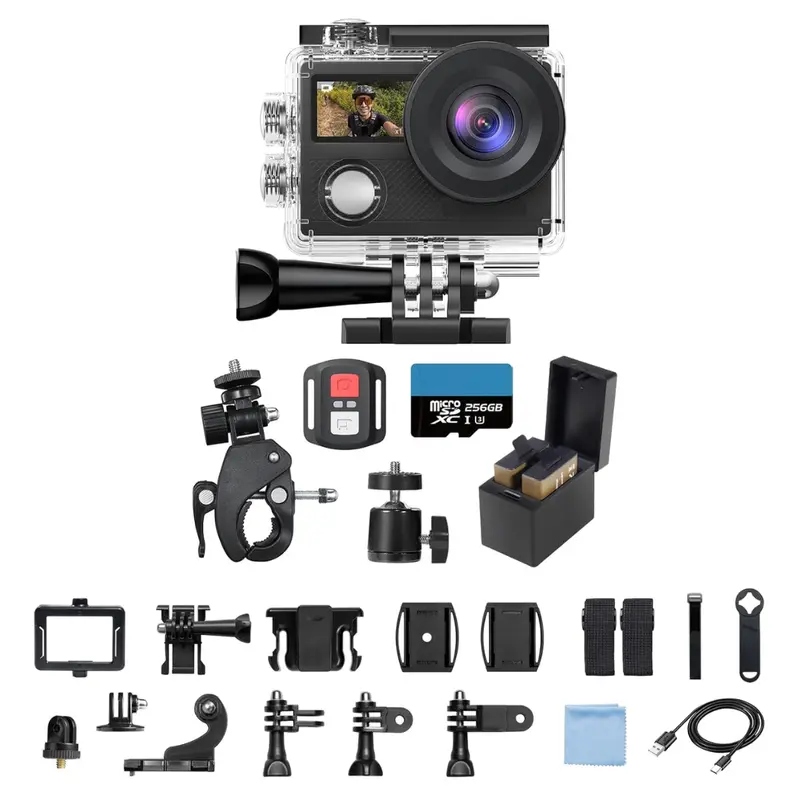 4K-Aktionskamera mit Dual-Displays, wasserdichtem Gehäuse, WLAN und Montageset