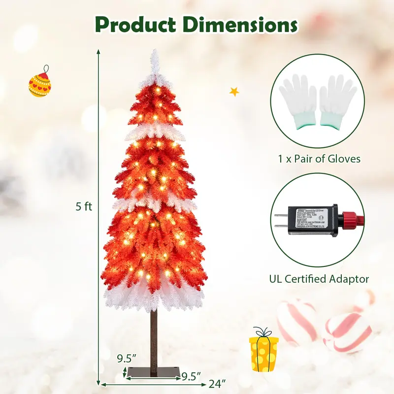5-Fuß-künstlicher Weihnachtsbaum mit Vorverkabelung – Weihnachtsbäume mit 301 roten und weißen Zweigspitzen
