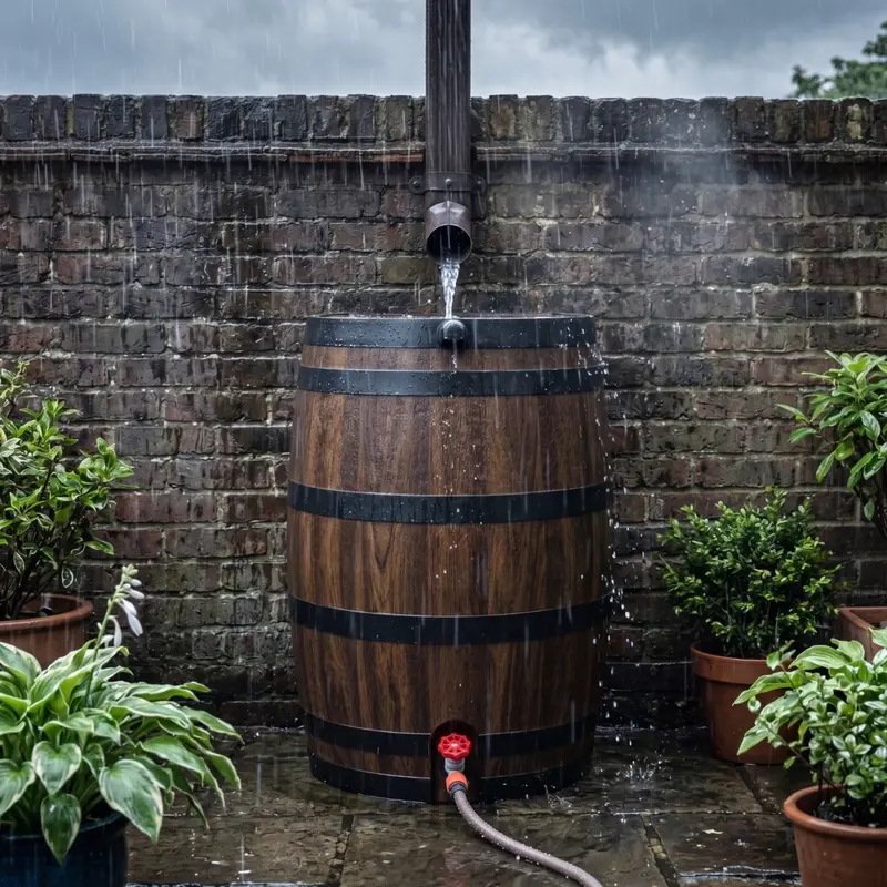 50-Gallonen-Regenfass mit flacher Rückseite, Wasserhahn und Schmutzfilter