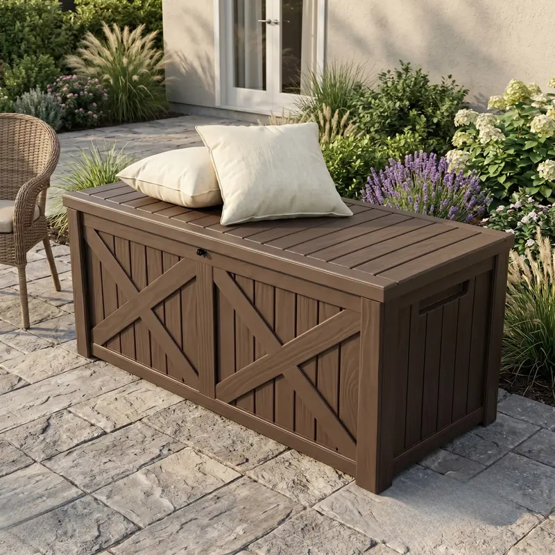 567,8-L-Resin-Sitzbank-Aufbewahrungsbox mit Verschlussdeckel und X-Frontplatte
