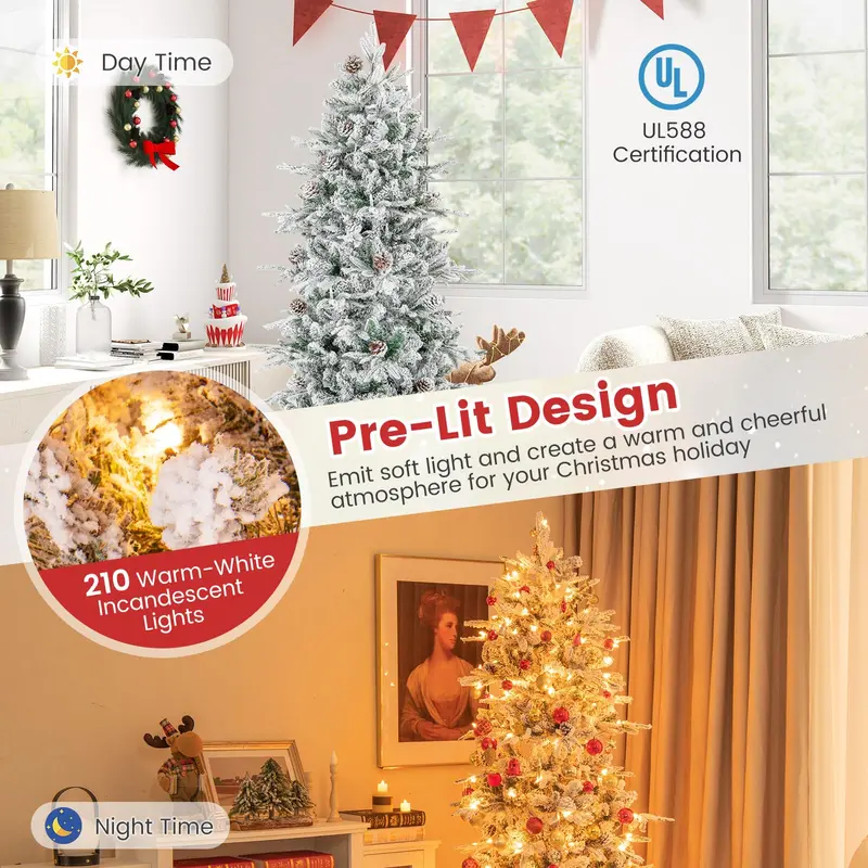 6-Fuß-vorgelichteter, schneebedeckter Kunst-Weihnachtsbaum mit 210 warmweißen Glühlampen und Klappgelenken