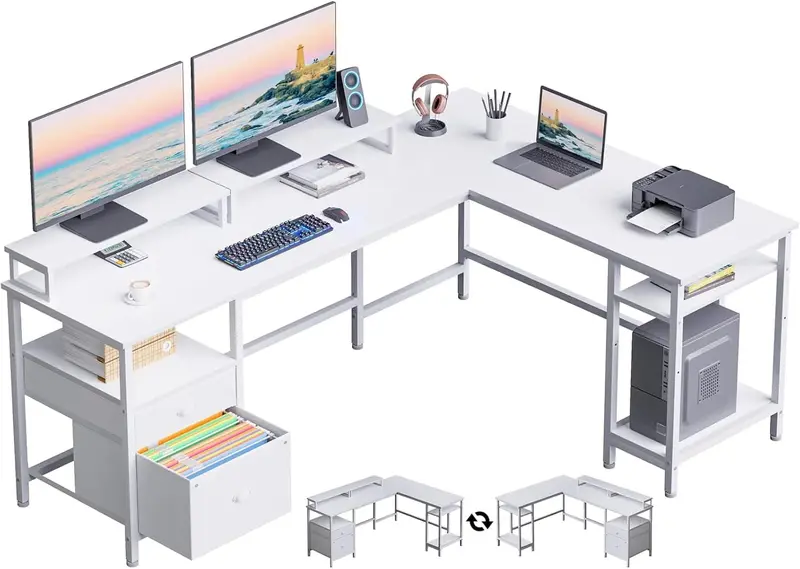 66"-L-förmiger Schreibtisch mit Steckdose, umkehrbarer Computerspiel-Schreibtisch mit Aktenschublade und 2 Monitorhalterungen fürs Homeoffice mit Ablagenregalen, rustikales Braun