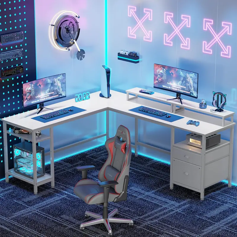 66"-L-förmiger Schreibtisch mit Steckdose, umkehrbarer Computerspiel-Schreibtisch mit Aktenschublade und 2 Monitorhalterungen fürs Homeoffice mit Ablagenregalen, rustikales Braun 2