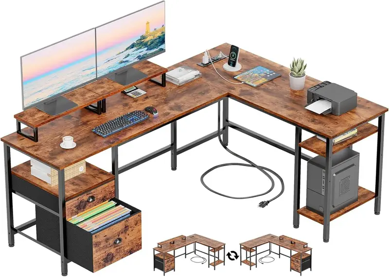 66"-L-förmiger Schreibtisch mit Steckdose, umkehrbarer Computerspiel-Schreibtisch mit Aktenschublade und 2 Monitorhalterungen fürs Homeoffice mit Ablagenregalen, rustikales Braun