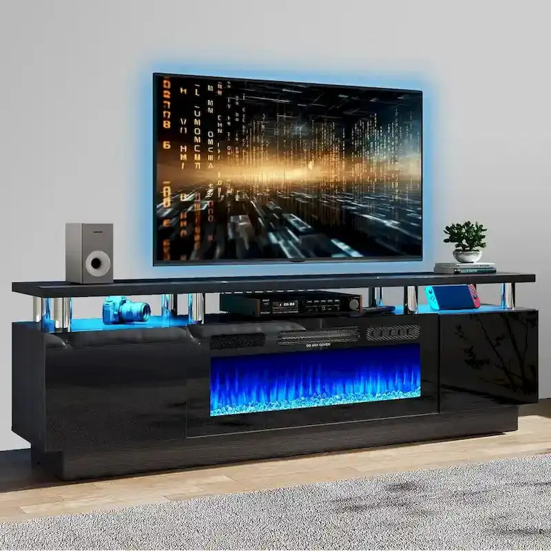 70-Zoll-TV-Ständer mit 36-Zoll-Kamin und verstellbaren Ablagen
