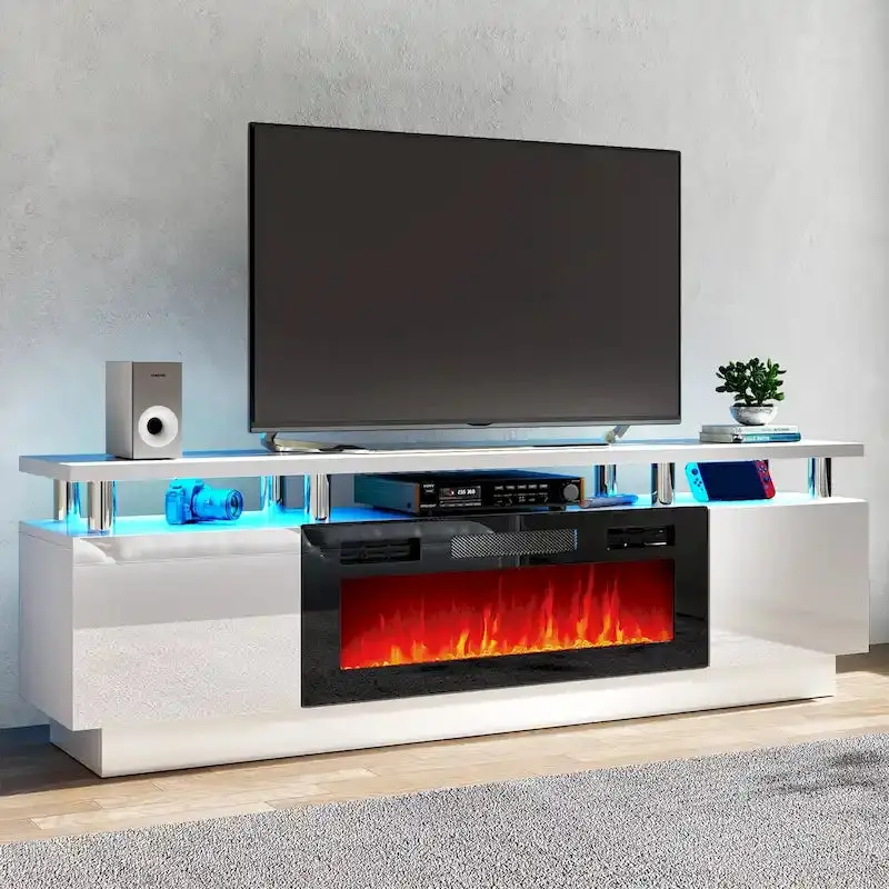 70-Zoll-TV-Ständer mit 36-Zoll-Kamin und verstellbaren Ablagen 2