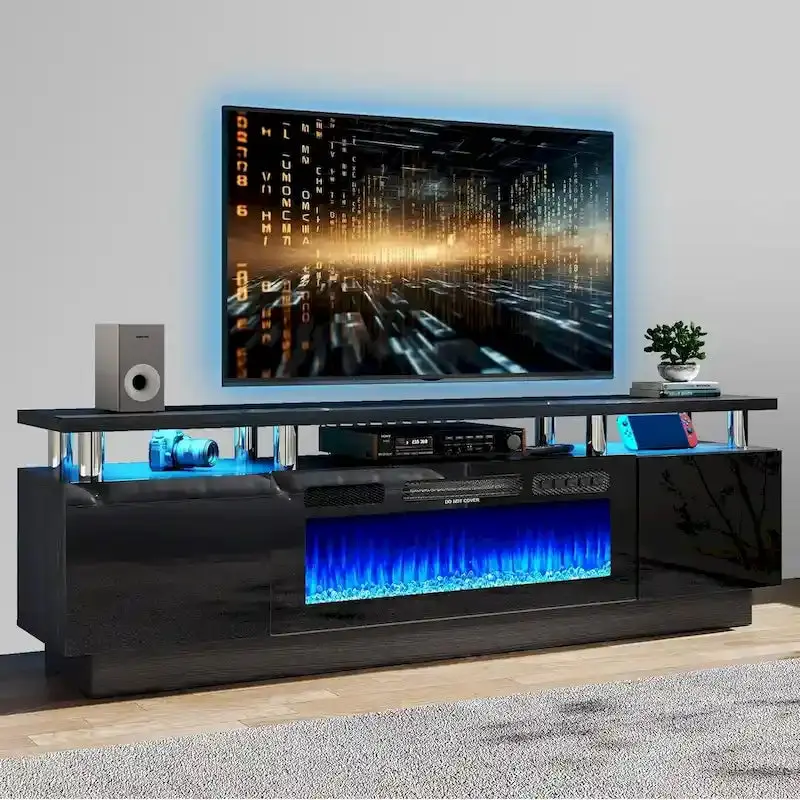 70-Zoll-TV-Ständer mit 36-Zoll-Kamin und verstellbaren Ablagen