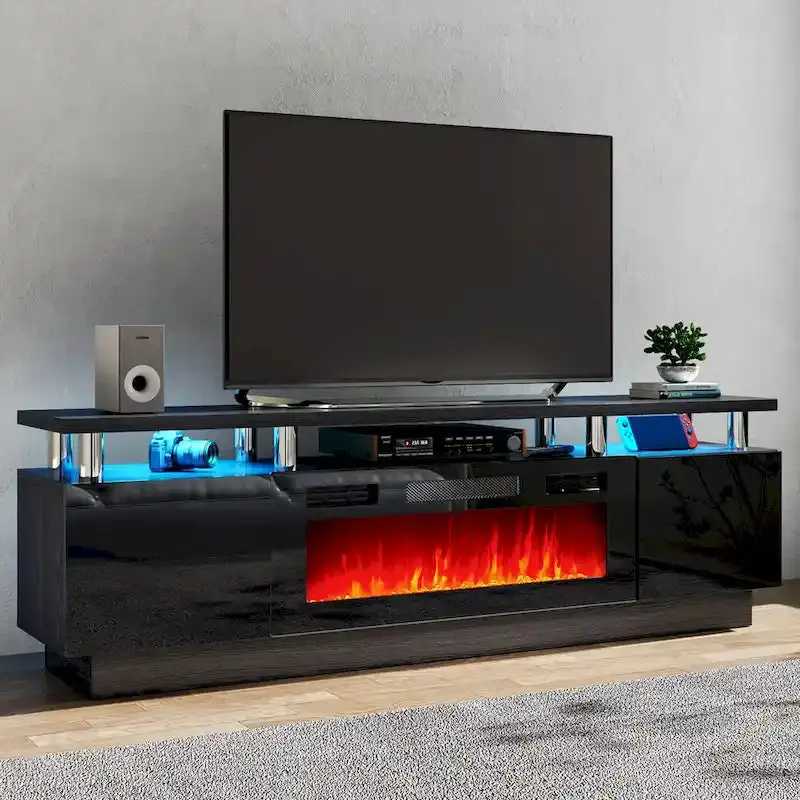 70-Zoll-TV-Ständer mit 36-Zoll-Kamin und verstellbaren Ablagen