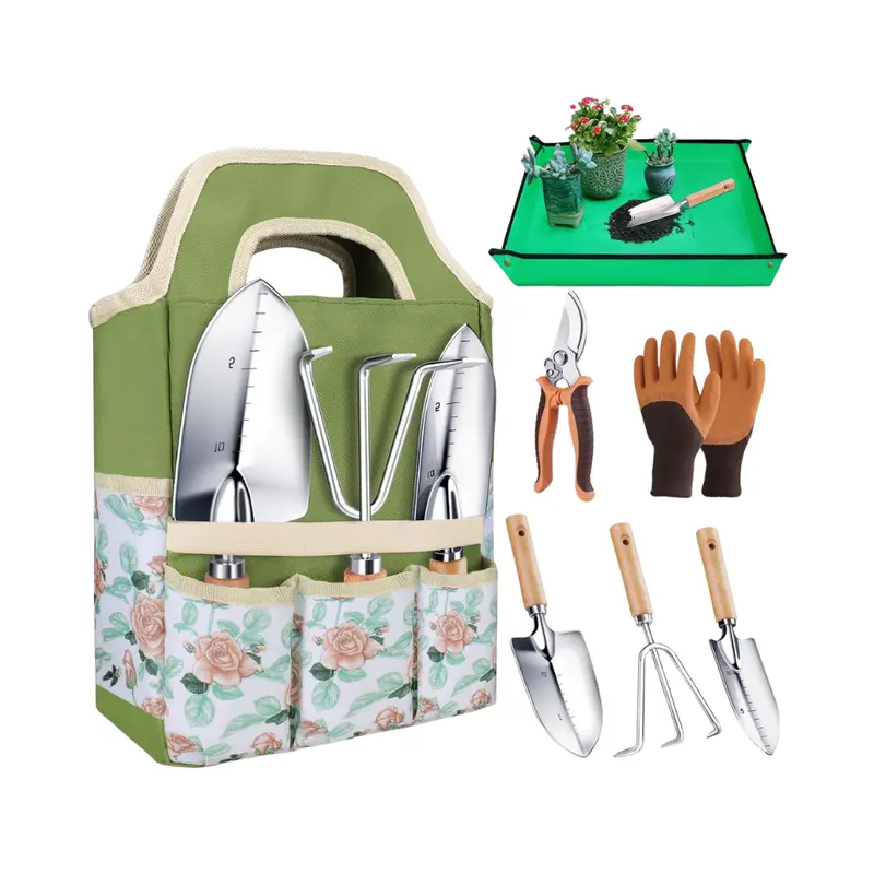 8-teiliges Gartenwerkzeug-Set mit Tragetasche, Handschuhen und Aluminium-Werkzeugen