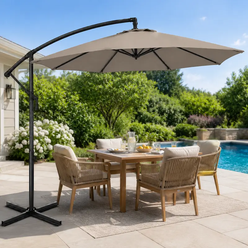 9-Fuß-Kragarm-Sonnenschirm für die Terrasse mit Kreuzfuß und 360°-Drehfunktion