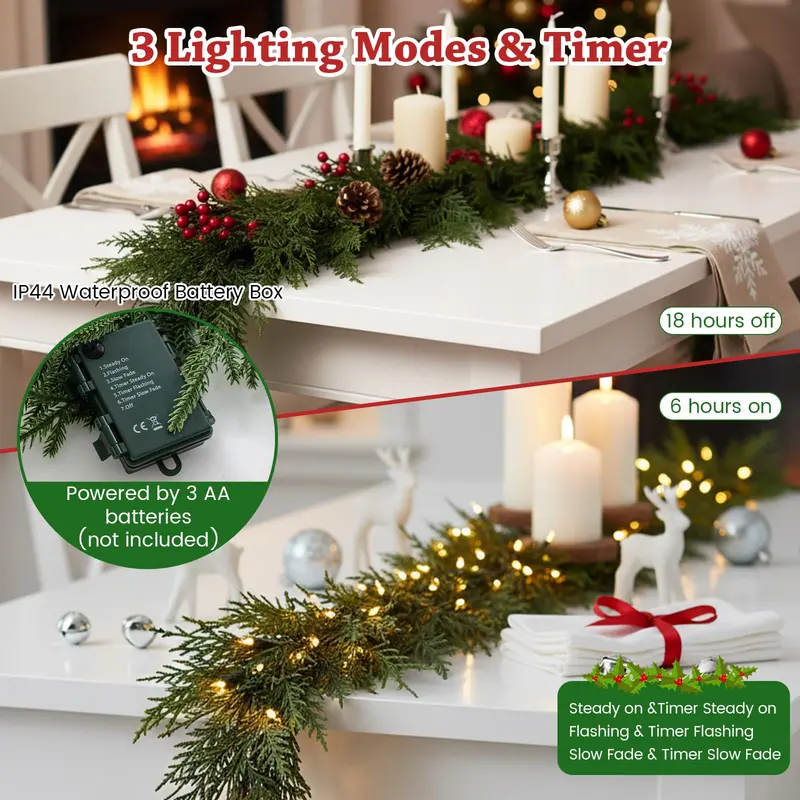 9-Fuß-künstlicher Zypressen-Weihnachtskranz mit 50 warmweißen LED-Leuchten und 130 Zweigspitzen