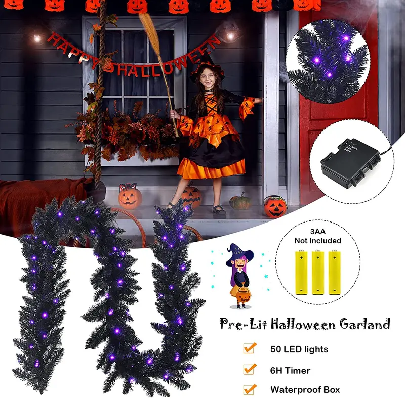 9-Fuß-schwarzer Halloween-Girlande mit Lichtern