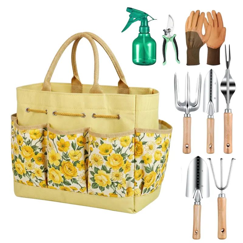 9-teiliges Gartenset mit Blumen-Tasche und Handwerkzeugen