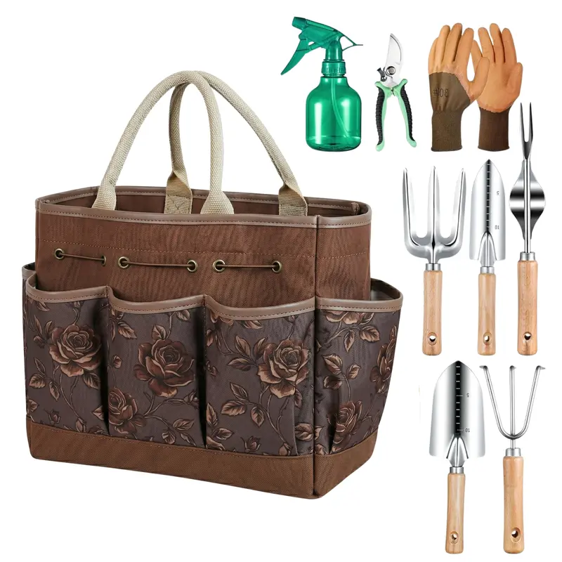 9-teiliges Gartenset mit Blumen-Tasche und Handwerkzeugen