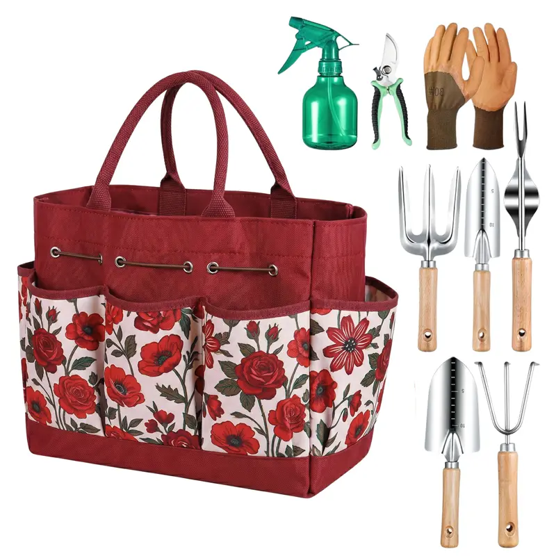 9-teiliges Gartenset mit Blumen-Tasche und Handwerkzeugen