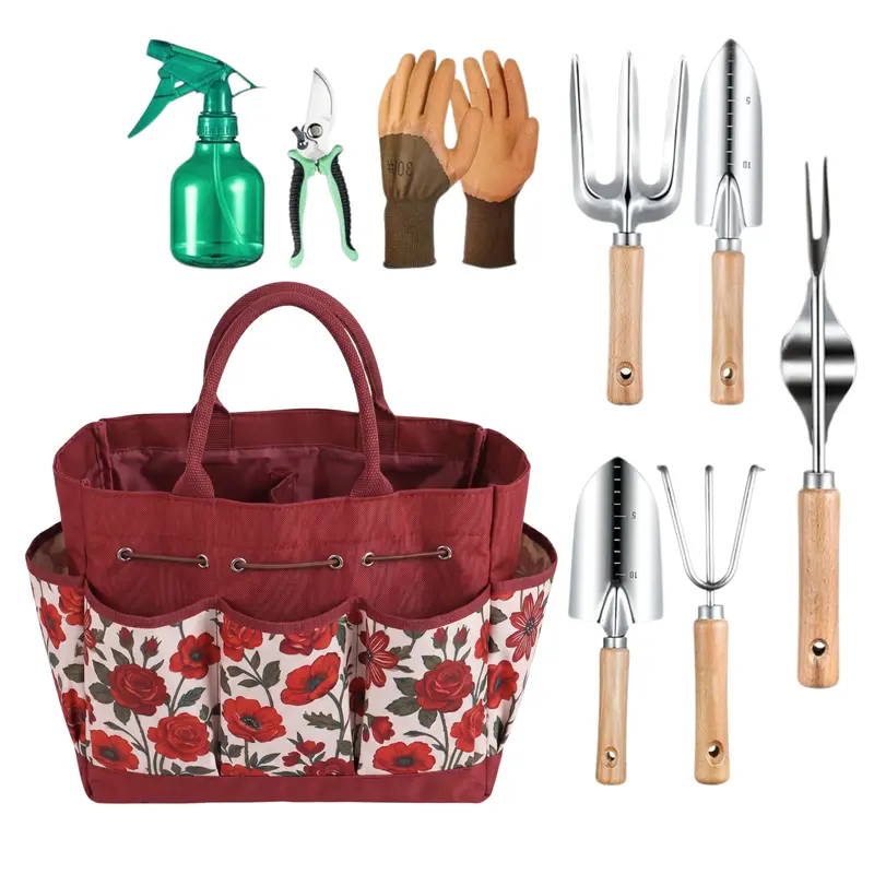 9-teiliges Gartenset mit Blumen-Tasche und Handwerkzeugen