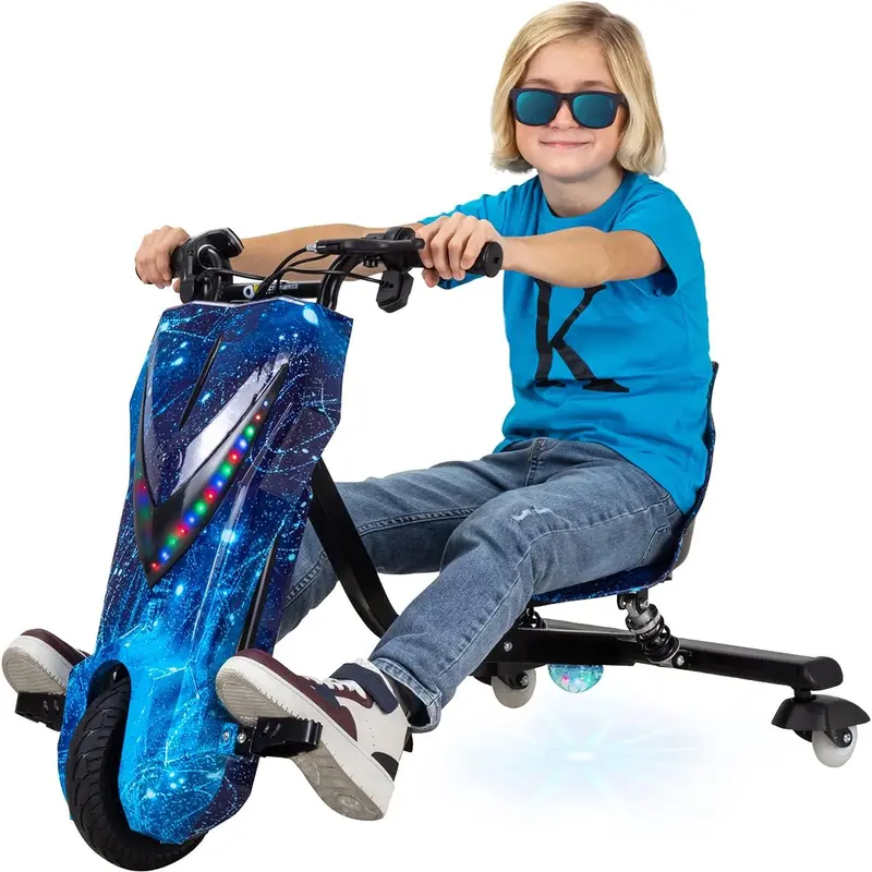 Actionbikes Motors Kinder-Elektro-Driftscooter | 250-Watt-Motor – Drift-Cart mit 360°-Drehung, 3 Geschwindigkeitsstufen, LED-Beleuchtung, verstellbarem Sitz, Bluetooth-Funktion, Drift-Kart, Drift-Auto (Space Purple)
