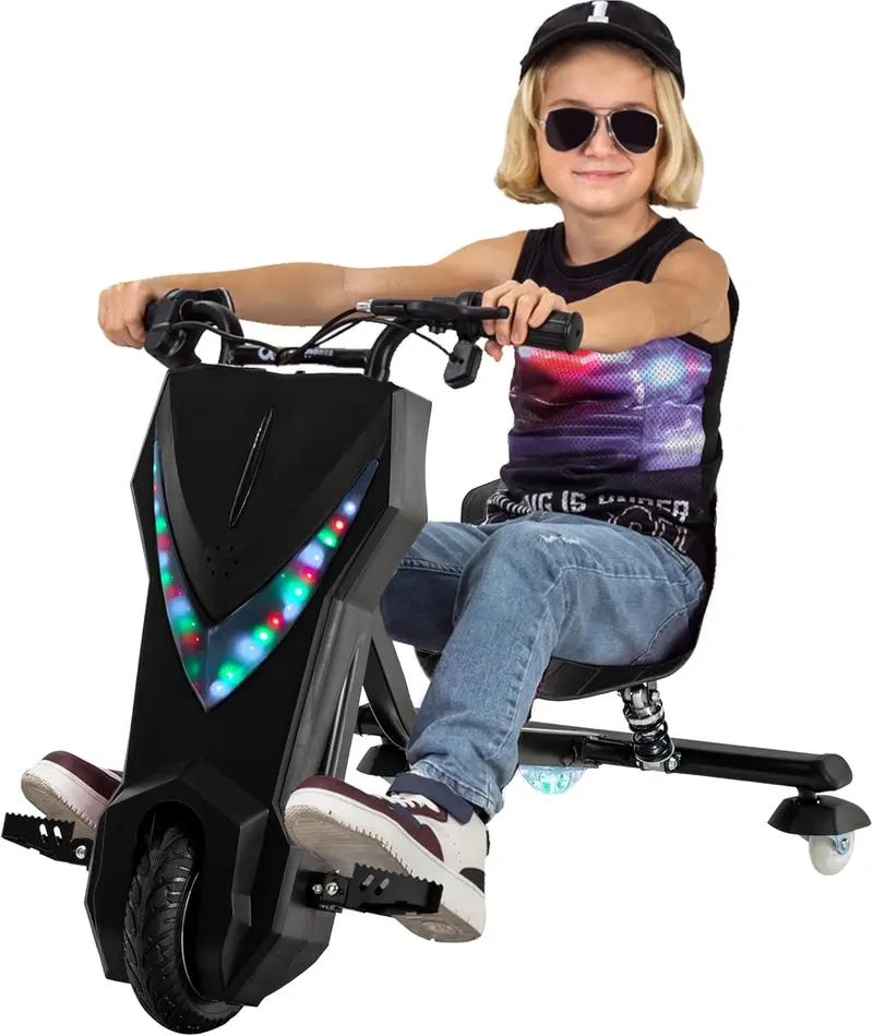 Actionbikes Motors Kinder-Elektro-Driftscooter | 250-Watt-Motor – Drift-Cart mit 360°-Drehung, 3 Geschwindigkeitsstufen, LED-Beleuchtung, verstellbarem Sitz, Bluetooth-Funktion, Drift-Kart, Drift-Auto (Space Purple)