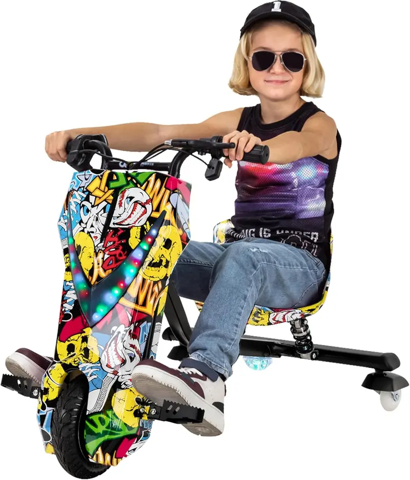 Actionbikes Motors Kinder-Elektro-Driftscooter | 250-Watt-Motor – Drift-Cart mit 360°-Drehung, 3 Geschwindigkeitsstufen, LED-Beleuchtung, verstellbarem Sitz, Bluetooth-Funktion, Drift-Kart, Drift-Auto (Space Purple)