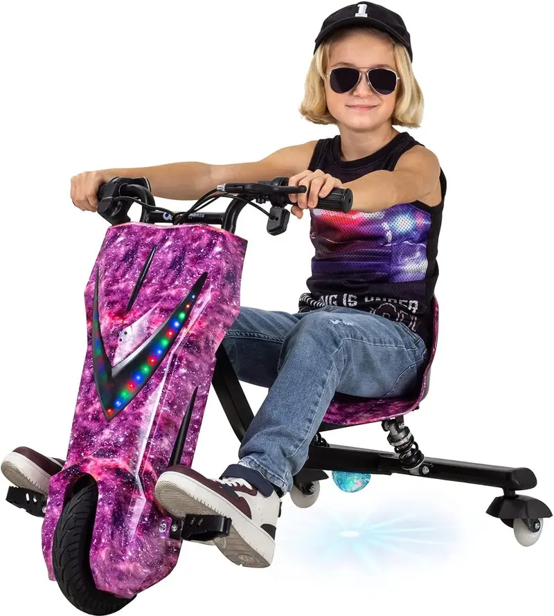 Actionbikes Motors Kinder-Elektro-Driftscooter | 250-Watt-Motor – Drift-Cart mit 360°-Drehung, 3 Geschwindigkeitsstufen, LED-Beleuchtung, verstellbarem Sitz, Bluetooth-Funktion, Drift-Kart, Drift-Auto (Space Purple)