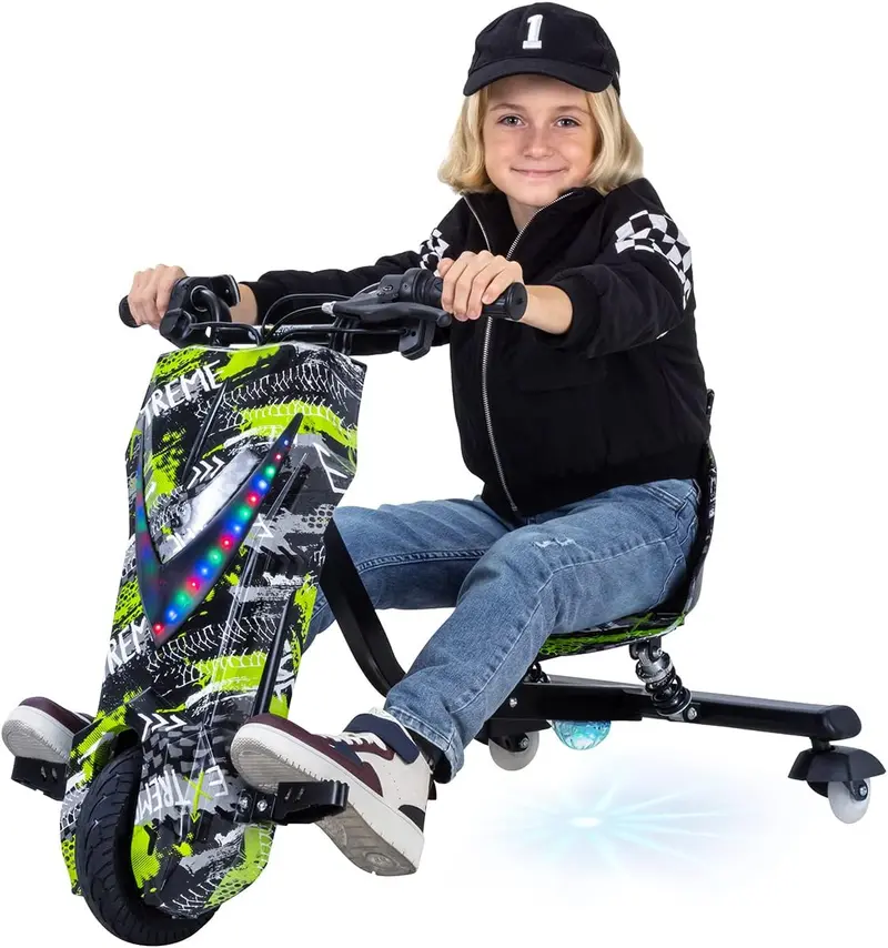 Actionbikes Motors Kinder-Elektro-Driftscooter | 250-Watt-Motor – Drift-Cart mit 360°-Drehung, 3 Geschwindigkeitsstufen, LED-Beleuchtung, verstellbarem Sitz, Bluetooth-Funktion, Drift-Kart, Drift-Auto (Space Purple)