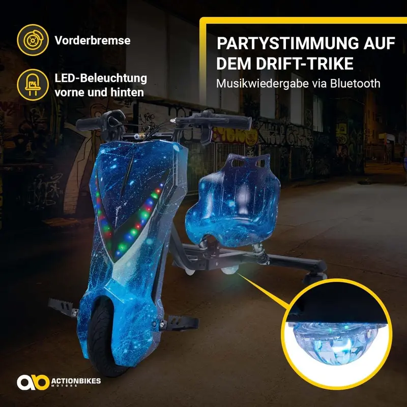 Actionbikes Motors Kinder-Elektro-Driftscooter | 250-Watt-Motor – Drift-Cart mit 360°-Drehung, 3 Geschwindigkeitsstufen, LED-Beleuchtung, verstellbarem Sitz, Bluetooth-Funktion, Drift-Kart, Drift-Auto (Space Purple)