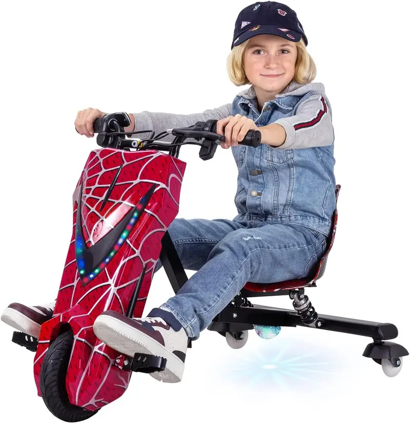 Actionbikes Motors Kinder-Elektro-Driftscooter | 250-Watt-Motor – Drift-Cart mit 360°-Drehung, 3 Geschwindigkeitsstufen, LED-Beleuchtung, verstellbarem Sitz, Bluetooth-Funktion, Drift-Kart, Drift-Auto (Space Purple)