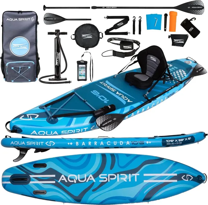 Aqua Spirit SUP-Board – Aufblasbares Stand-Up-Paddle-Board / Paddel-Kajak | 320 x 81 x 15 cm | Komplettset mit Paddel, Sitz, Rucksack, Pumpe und weiterem Zubehör | Für Erwachsene, Anfänger & Fortgeschrittene (Blau)